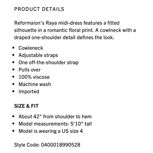 Reformation Raya OTS Midi Dress in Rose Garden 0 NWT - Picture 9 of 14